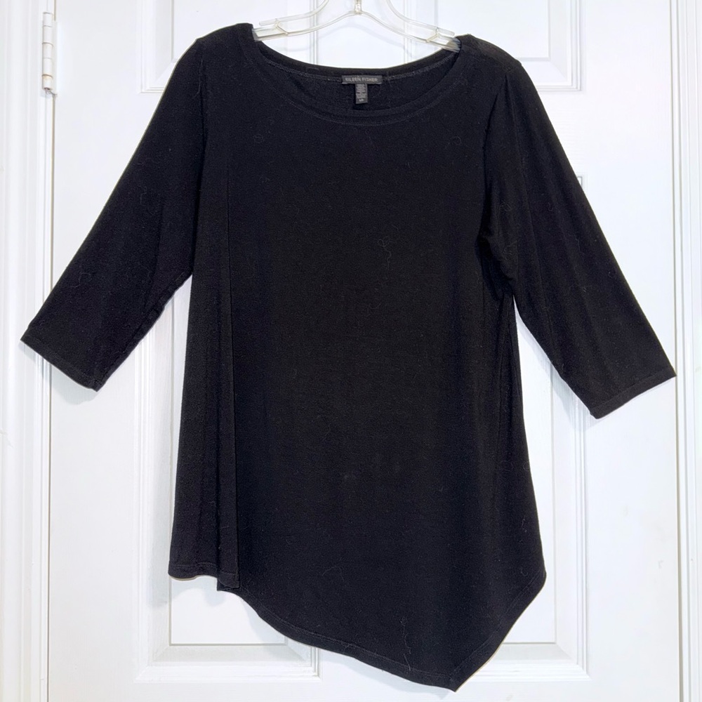 Eileen Fisher Black Asymmetrical Hem Tunic Top Long Sleeve Women’s Size S/P